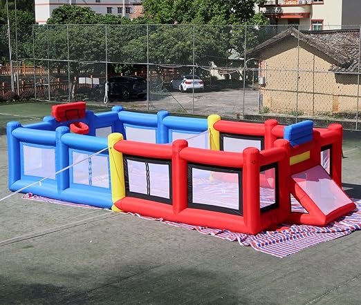 Blue+Red Inflatable Sports Court Inflatable Soccer Field & Basketball Hoop & Volleyball Field 3 in 1